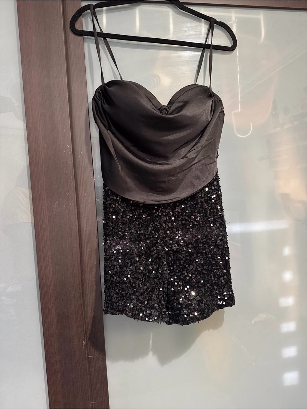 FASHION NOVA Black Satin & Sequin  Romper